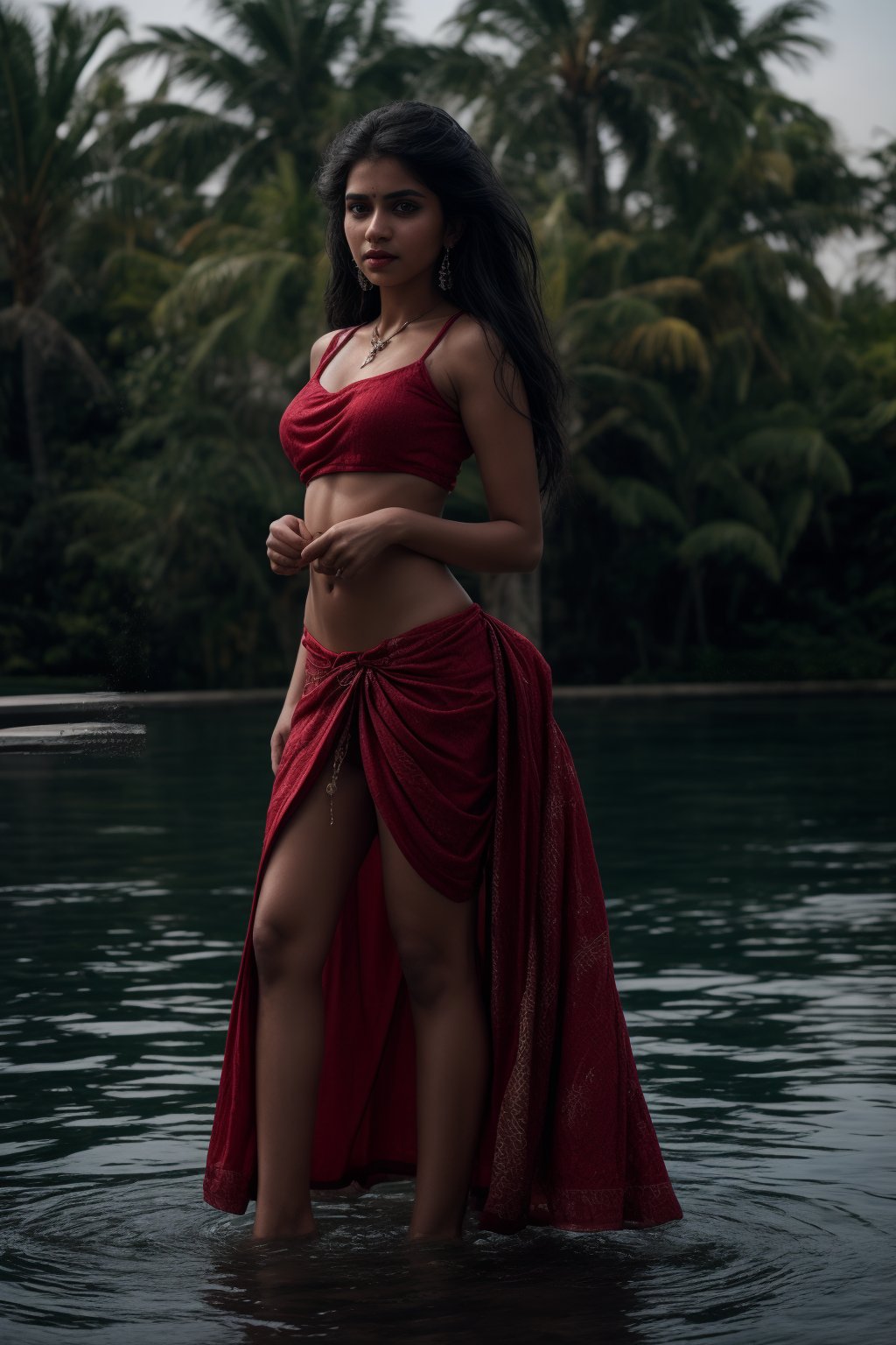 1girl, solo, long hair, skirt, shirt, black hair, jewelry, standing in pool water,, shot from above, earrings, midriff, water, blurry, sexy pose, curvy, spike_bracelets, tree, blouse,  red shirt half in  water, long skirt, rock, photo background, Indian traditional dress 