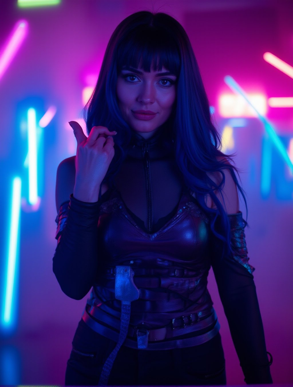 A cyberpunk women, realistic, details and enhanced image, beautiful,The atmosphere is fun and inviting, featuring colors like black, blue, dark blue, dark purple, gray, light green, purple, and orange. Neon lights in pink, blue, and green illuminate the space, creating a bokeh and Depth, captured in a cinematic style with a Sony A7R IV full-frame ceramic camera 