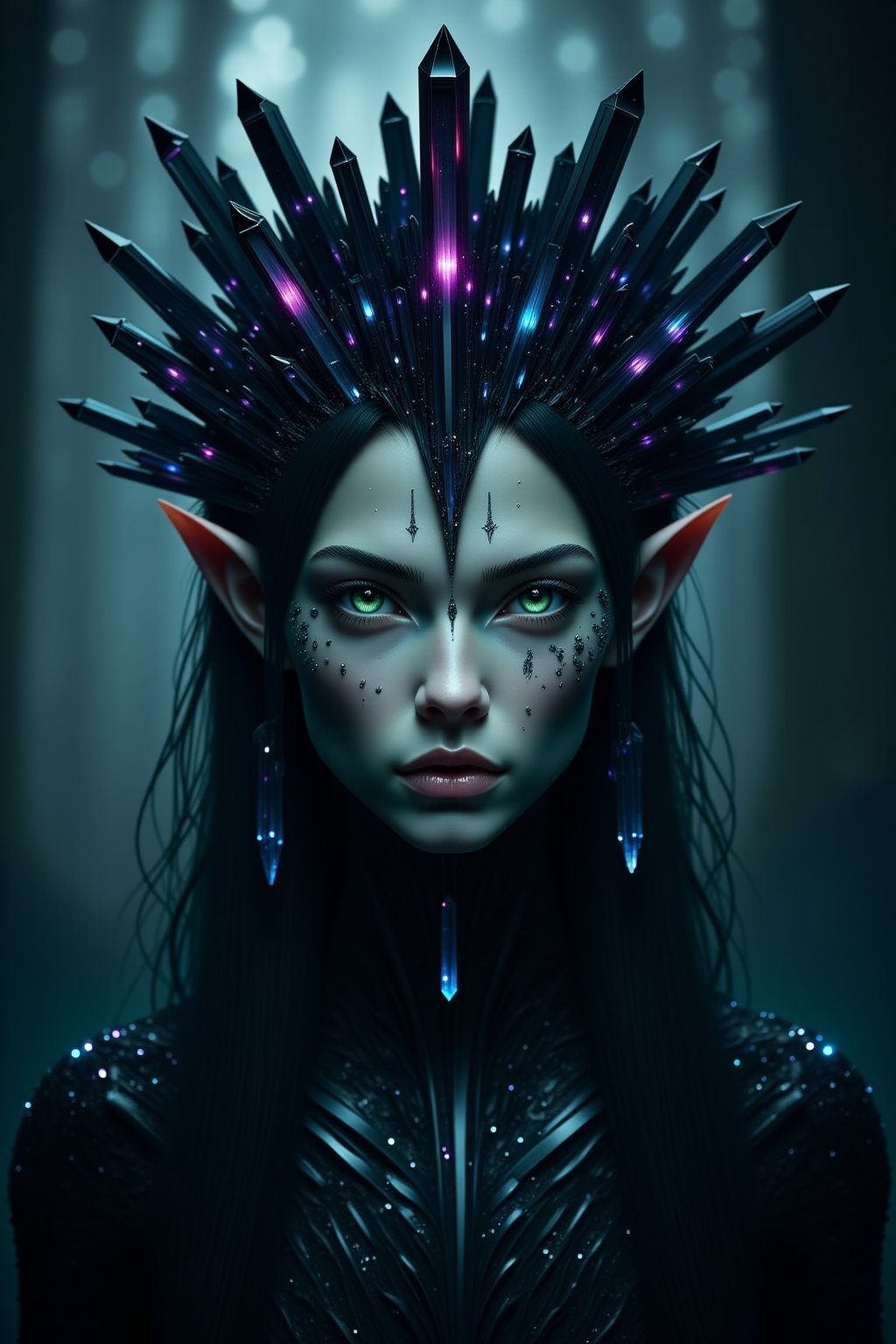 A dark and ethereal portrait of an elf in which her pale skin contrasts with the gloom that surrounds her. Her almond-shaped eyes, a deep and mysterious green, shine with an aura of ancient magic and hidden power. Her face is framed by strands of dark, almost black hair that fall in soft waves,
highlighting its delicate but imposing beauty. He wears a crown of dark, sharp crystals that seem to grow directly from his skull, radiating a cold, spectral glow. The crystals glow with a dark light, reflecting flashes of deep blue, purple, and black, as if imbued with forbidden magic.
Shadows cling to his figure, enhancing the atmosphere of mystery, while ancient marks and runes appear subtly on his skin, emitting a hidden energy. The background is composed of hazy shadows and diffuse shapes, as if the world is fading around them, focusing only on their imposing and disturbing presence.
The atmosphere is haunting and mystical, with a sense of latent danger emanating from its powerful presence,crystalz