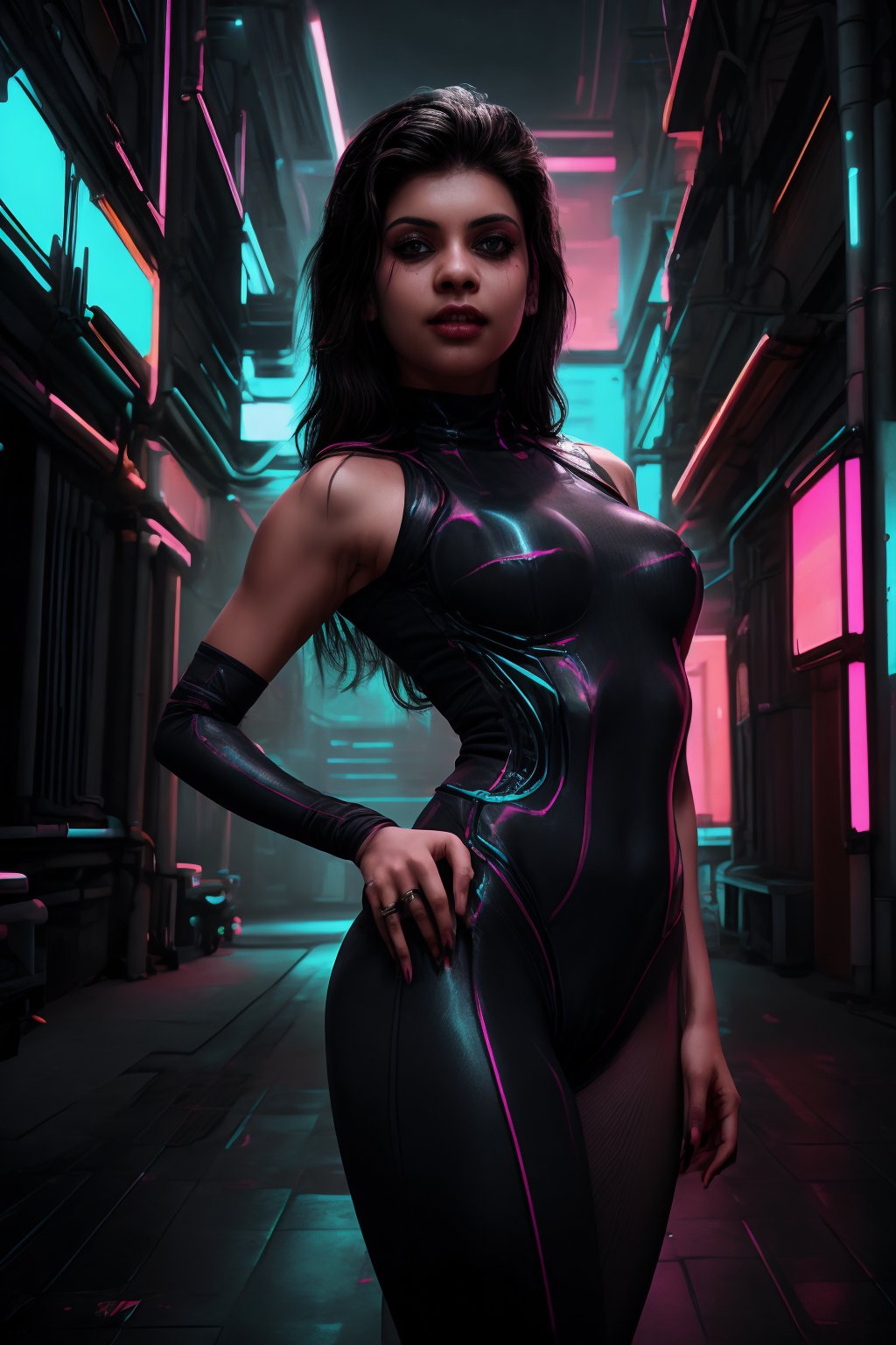 Close-up shot of a stunning woman in a sleek black jumpsuit , her long legs and toned arms glistening under Tron-like neon lights. The camera spins around her, capturing the vibrant Matrix-inspired color palette, with electric blues and fiery oranges dancing across her features. She's posed confidently, one leg bent at an angle, hand on hip, as if ready to take on the virtual world.,Mallu,CyberpunkWorld