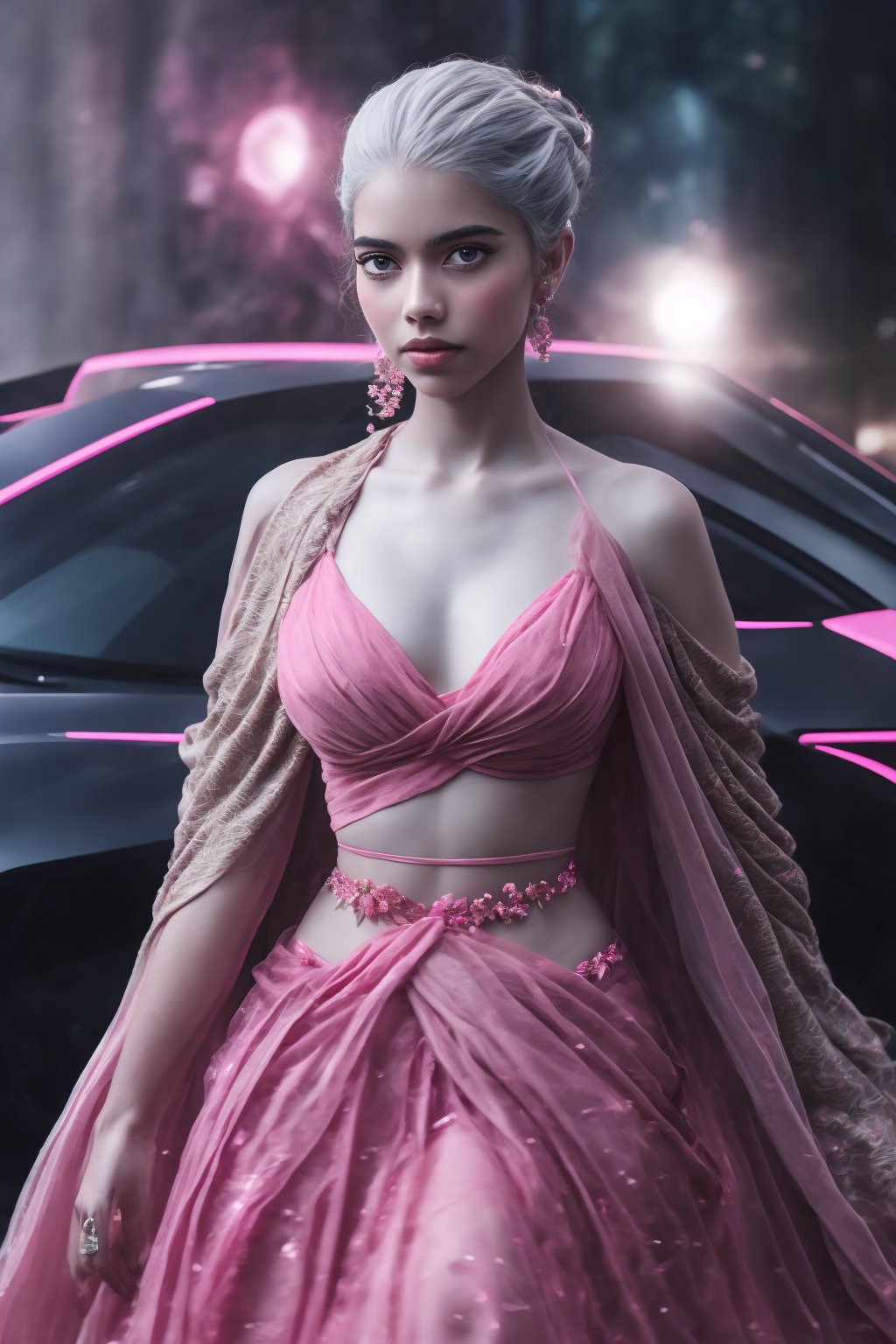 A stunningly photorealistic depiction of a hubg woman, ((exuding beauty and elegance, posed in front of a sleek, futuristic car. The vehicle's neon pink accents glow under cinematic lighting, casting an otherworldly ambiance. The subject's intricate features are rendered with raw realism, as if captured on analog film. Her gaze is fixed on the viewer, amidst a transparent, neon-lit background that simmers with cyberpunk energy.,15yo girl))

A stunning, realistic photography of a 15-year-old curvy women , white skin extreme white hair, radiating youthful beauty. She is dressed in traditional Indian attire, featuring a Kerala pattupavada—a beautiful, flowing Kerala gown—and a matching blouse. A delicately draped shawl (sholl) adds an elegant touch to her outfit, highlighting her cultural heritage.