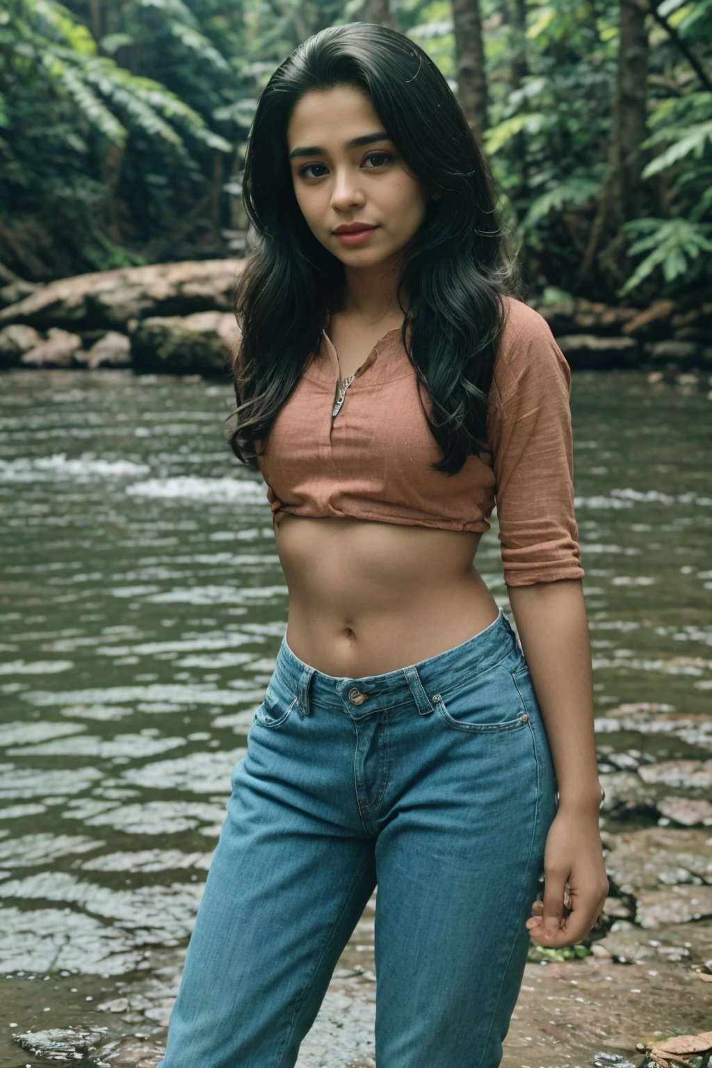 1girl, Kerala beautiful women 18 years old, solo, long hair, brown hair, shirt, t  shaped tiny navel, outdoors, pants, sandals, denim, jeans,  photo background,Tamil girl