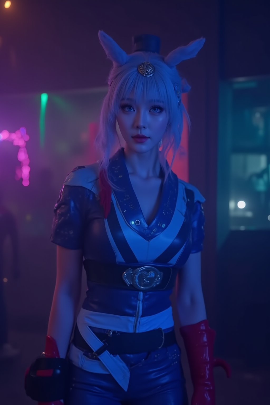 a woman dressed in a blue and white costume, adorned with a white belt and red gloves. The woman's head is adorned with two large ears, a red tassel, and a gold ring. Her eyes are a piercing blue, and her hair is a light gray.  a building in the distance.

A cinematic action scene shot surrounded by a dimly lit atmosphere with neon hues. Black, dark blue, and gray tones dominate the scene, punctuated by pops of light green, purple, and orange. Her skin glistens with subtle detail and enhancement. The Sony A7R IV camera captures the scene in cinematic style, emphasizing depth and bokeh effects from the pink, blue, and green neon lights.,Futuristic cosplay 