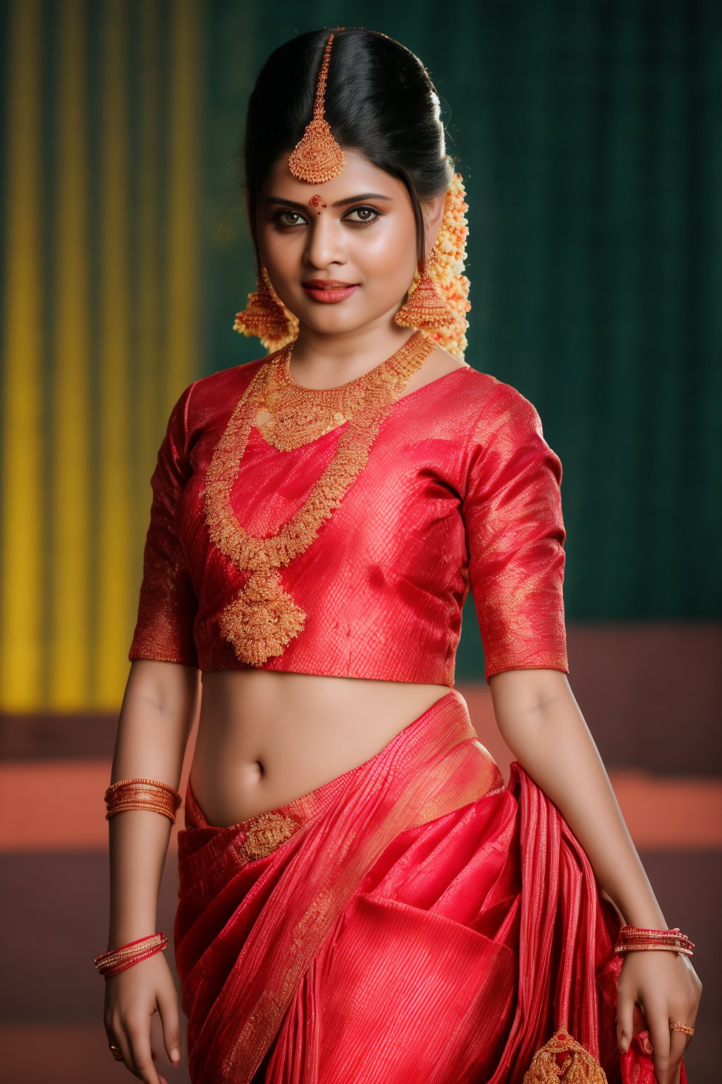 A beautiful Indian woman wearing a traditional saree, draped in a style that reveals her midriff and navel. The saree is richly colored and adorned with intricate patterns and embroidery, with a matching blouse (choli) that has short sleeves and a deep neckline. The pallu of the saree is gracefully draped over her shoulder, falling softly to one side, while her navel is tastefully visible where the saree is wrapped around her waist. She is adorned with traditional jewelry, including a maang tikka, jhumka earrings, a nose ring, bangles, and anklets. Her skin has a warm tone, and her long, dark hair is styled either in a loose braid or cascading waves. The setting is softly lit, focusing on her elegant pose and the cultural richness of her attire, with warm, natural lighting that enhances the details of the fabric and her jewelry.

cinematic angle, (cinematic shadows, bokeh, depth of field:1.3) , (High detail RAW Photo), (extremely detailed skin, photorealistic, heavy shadow, dramatic and cinematic lighting, key light, fill light), sharp focus, cinematic, imperfect skin, fabrics, textures, detailed face, detailed skin, detailed fingers, NaturalHand2-3500, analog film photo Deep photo,depth of field,ferrania p30 film,shadows, perfect face and body, dimly lit, nervous, harsh camera flash, faded film, desaturated, 35mm photo, grainy, Kodachrome, Lomography, stained, highly detailed, found footage,, (black hair,
A flapper girl stands poised in a smokey atmosphere, bathed in ethereal light that accentuates her stunning features. Her fair skin glows under cinematic lighting, as she gazes directly into the camera with perfect eyes and a beautiful nose. Her Drill Spring-inspired hairstyle is perfectly coiffed, framing her face, background intricate details and complex patterns that seem to leap off the screen in hyper-maximalist fashion.  with detailed decoration and lines that exude opulence. In stunning HDR and UHD, this unreal engine creation pops with gorgeous light and shadow., matrix,poakl