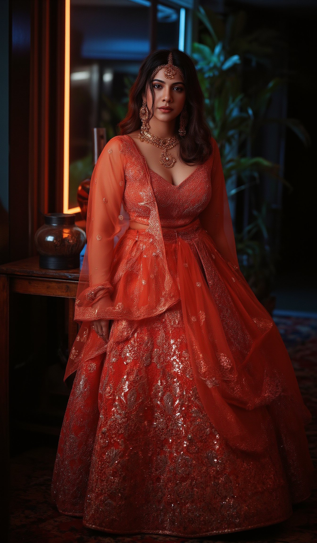 Cool cinematic lighting, matrix movie theam,A stunning Madona Sebastian, dressed in a rich red lehenga with intricate embroidery, paired with heavy gold jewelry She stands against a luxurious Hollywood-style backdrop, with subtle neon accents to emphasize her glamorous attire.,Madona Sebastian 