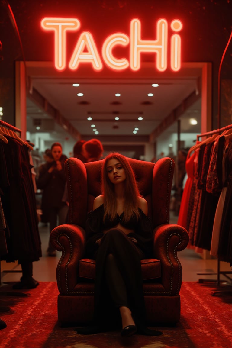 create me something beautiful, sexy, A beautiful woman, dressed in high fashion, sits on a throne in a luxurious boutique shop, surrounded by perfect cinematic lighting. Behind her, the shop's name "Tachi" is displayed in oversized glowing letters, commanding attention. Girls in the background casually explore the dresses on display. The scene highlights both the elegance of the boutique and the glowing, bold shop name.
