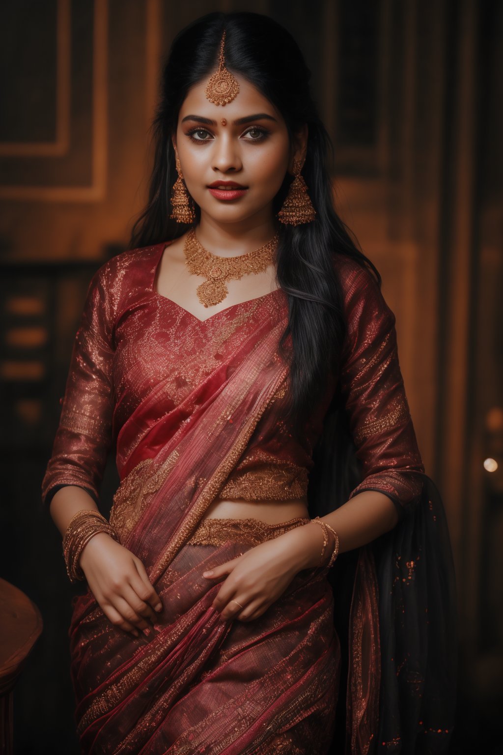 A beautiful Indian 26yo  girl wearing a traditional saree, draped in a style that reveals navel. Turtle neck blouse:2, The saree is richly colored and adorned with intricate patterns and embroidery, with a matching blouse (choli) that has short sleeves and a deep neckline. The pallu of the saree is gracefully  over her shoulder cover with blouse, , falling softly to one side, while her navel is tastefully visible where the saree is wrapped around her waist. She is adorned with traditional jewelry, including a maang tikka, jhumka earrings, a nose ring, bangles, and anklets. Her skin has a warm tone, and her long, dark hair is styled either in a loose braid or cascading waves. The setting is softly lit, focusing on her elegant pose and the cultural richness of her attire, with warm, natural lighting that enhances the details of the fabric and her jewelry.

cinematic angle, (cinematic shadows, bokeh, depth of field:1.3) , (High detail RAW Photo), (extremely detailed skin, photorealistic, heavy shadow, dramatic and cinematic lighting, key light, fill light), sharp focus, cinematic, imperfect skin, fabrics, textures, detailed face, detailed skin, detailed fingers, NaturalHand2-3500, analog film photo Deep photo,depth of field,ferrania p30 film,shadows, perfect face and body, dimly lit, nervous, harsh camera flash, faded film, desaturated, 35mm photo, grainy, Kodachrome, Lomography, stained, highly detailed, found footage,, (black hair, covered cleavage, 
A flapper girl stands poised in a smokey atmosphere, bathed in ethereal light that accentuates her stunning features. Her fair skin glows under cinematic lighting, as she gazes directly into the camera with perfect eyes and a beautiful nose. Her Drill Spring-inspired hairstyle is perfectly coiffed, framing her face, background intricate details and complex patterns that seem to leap off the screen in hyper-maximalist fashion.  with detailed decoration and lines that exude opulence. In stunning HDR and UHD, this unreal engine creation pops with gorgeous light and shadow., matrix,poakl, 5 fingers on each hands,better_hands