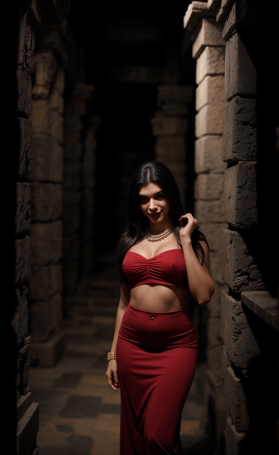 In a ancient pyramid Egypt, A mysterious figure emerges from the shadows. A 28-year-old woman with brown skin and long black hair stands confidently, curvy girl, standing:1, spot light on face:1, inside a piramid:1, shot from above, fucus face from above angle, her piercing gaze meeting the viewer's as a gentle smile spreads across her face. She wears a stunning red dress that clings to her curves, its hemline grazing her midriff. A necklace glimmers around her neck, complemented by a bracelet that adorns her wrist. The dim light casts an eerie atmosphere, with the subject's features slightly blurred, as if shrouded in mystery. Spot light Light on face and body:1,  