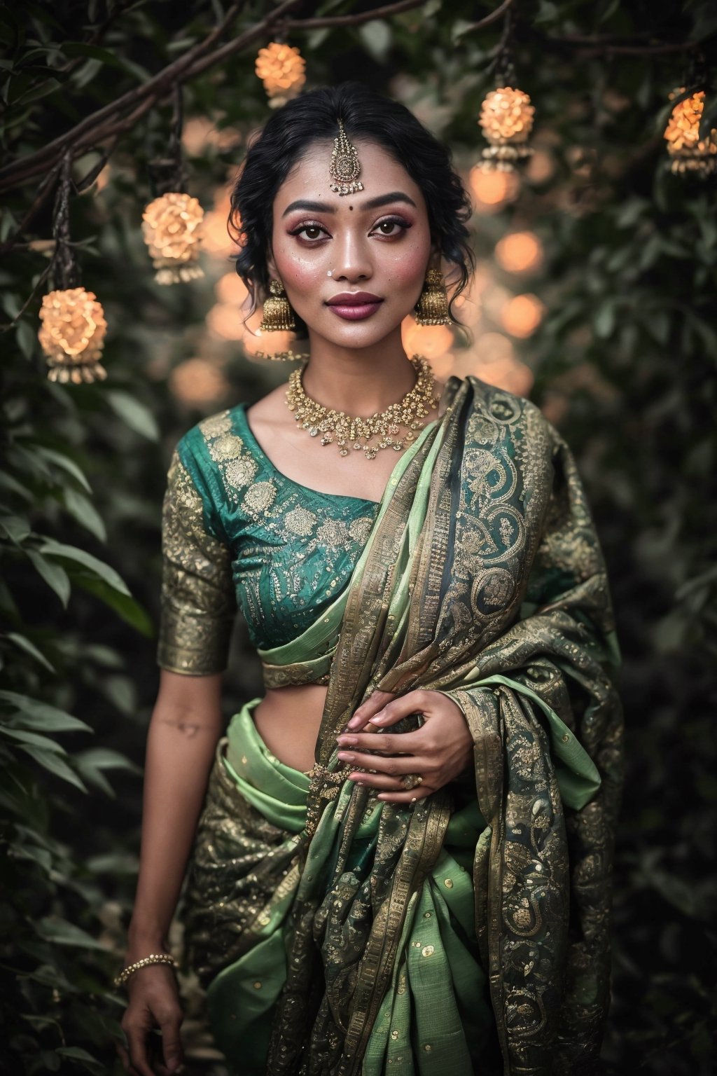 Portrait of a mystical fantasy bioluminescent neon woman. Glamorous fashionable lady. Glowing, Glowing color,Glowing skin dots, Classic light fringe,This breathtaking photograph, shot on a Canon 1DX with a 50 mm f/2.8 lens, beautifully showcases the raw and authentic beauty of life. high resolution 8k image quality,photorealistic,Saree 