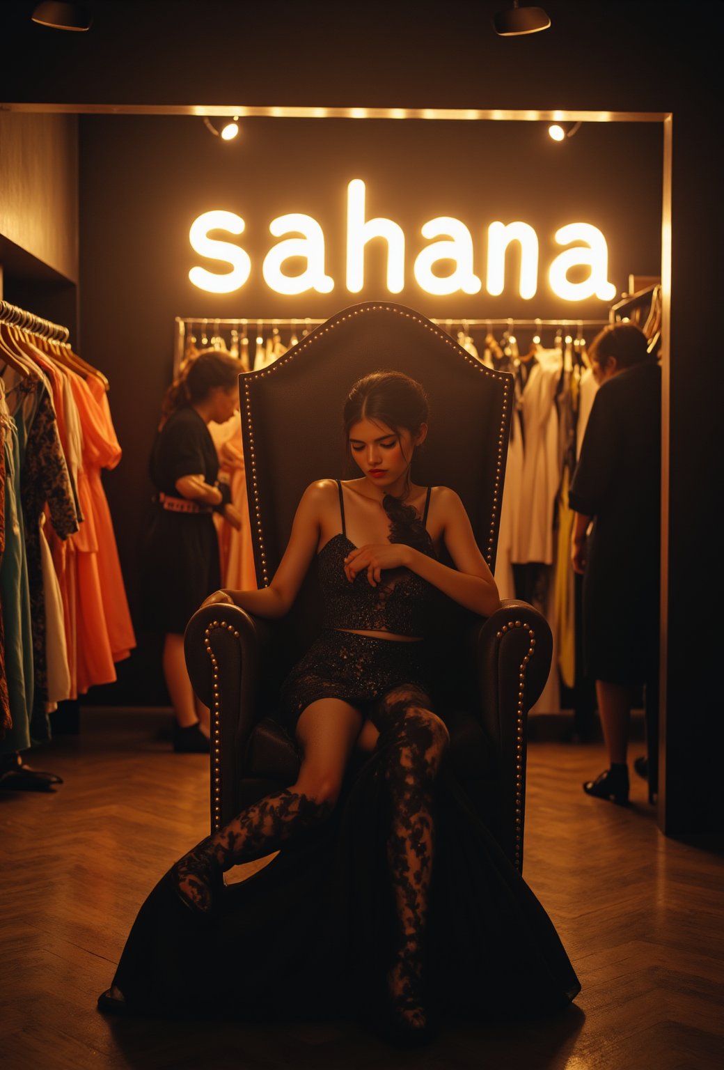 create me something beautiful, sexy, A beautiful woman, dressed in high fashion, sits on a throne in a luxurious boutique shop, surrounded by perfect cinematic lighting. Behind her, the shop's name "sahana" is displayed in oversized glowing letters, commanding attention. Girls in the background casually explore the dresses on display. The scene highlights both the elegance of the boutique and the glowing, bold shop name.,Enhanced all