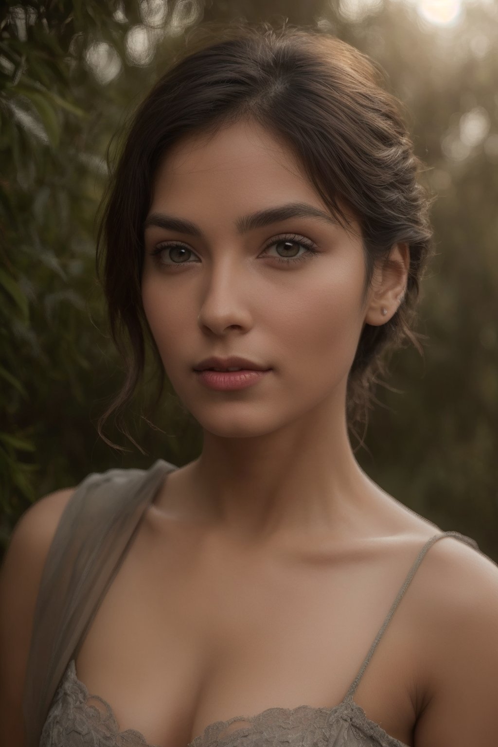 "A 30-year-old woman stands as the central figure in an outdoor scene, captured using a Fujifilm cinematic camera. The dramatic lighting creates deep shadows and striking highlights that enhance the richness of her saree and the smooth texture of her skin. The image is shot with a wide aperture, resulting in a shallow depth of field that beautifully blurs the lush forest background, making her the clear focal point. The low camera angle, looking slightly upwards, gives her an empowering and larger-than-life presence. Every detail, from the folds of her saree to the soft glow of her skin, is rendered in high definition. The natural, soft lighting infuses the scene with a dreamlike quality, adding warmth and elegance to the composition.",photorealistic,Details,Texture,Face texture,Eyes details,Face details,Symmetrical face,Details,Texture,Face texture,Eyes details,Face details 