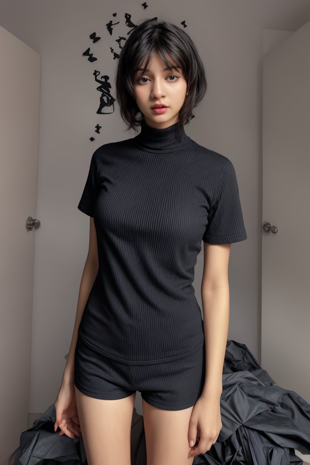 illustraion, aesthetically pleasing, 1girl, solo, slim, black hair, bobcut, bangs, black eyes, closed mouth, black shirt, short sleeves, turtleneck, upper body, standing up, realistic background