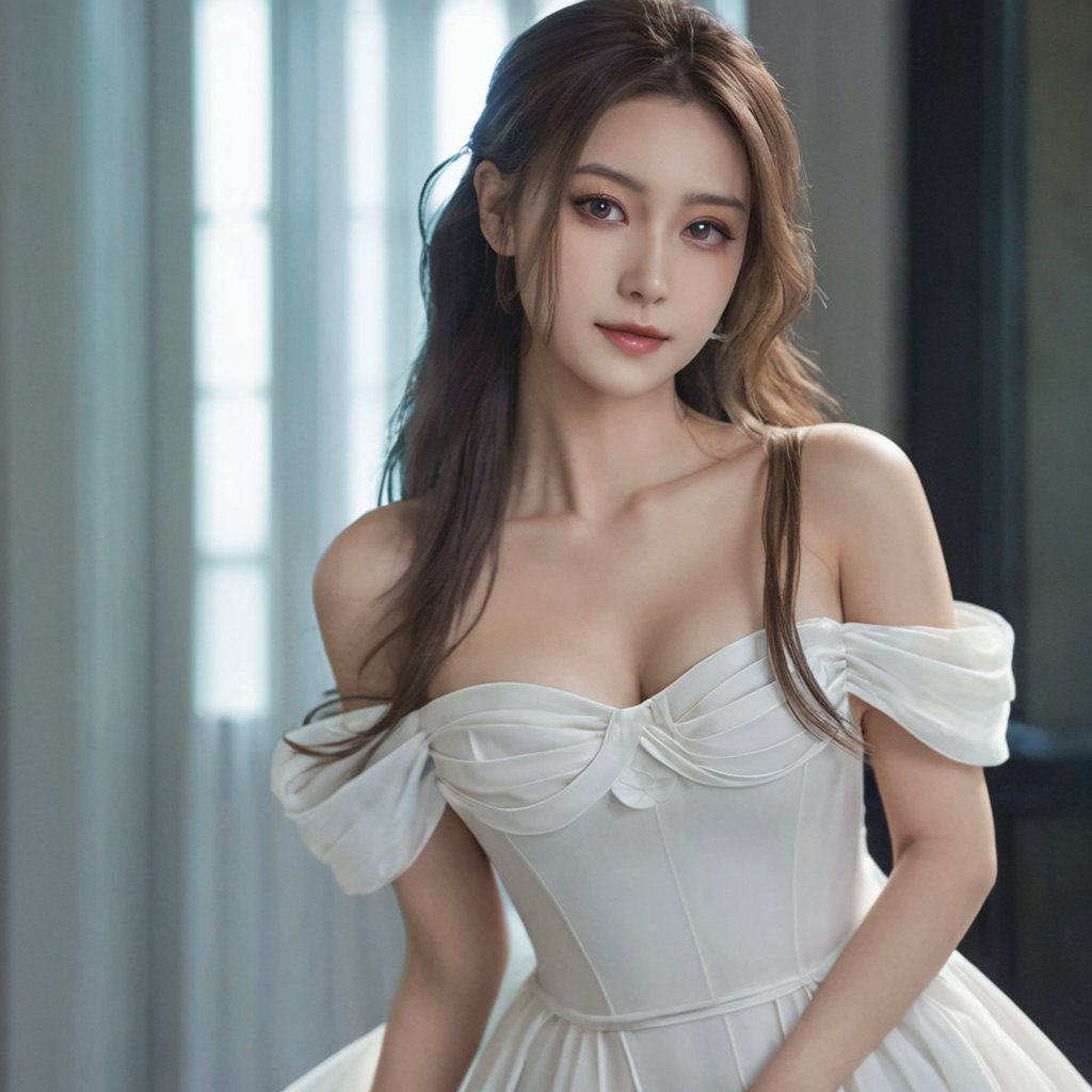 gear,1 girl,solo,dress,realistic,cleavage,white dress,long hair,looking to side,collarbone,off shoulder,narrow waist,2 hands,4 fingers and 1 thumb per hand,