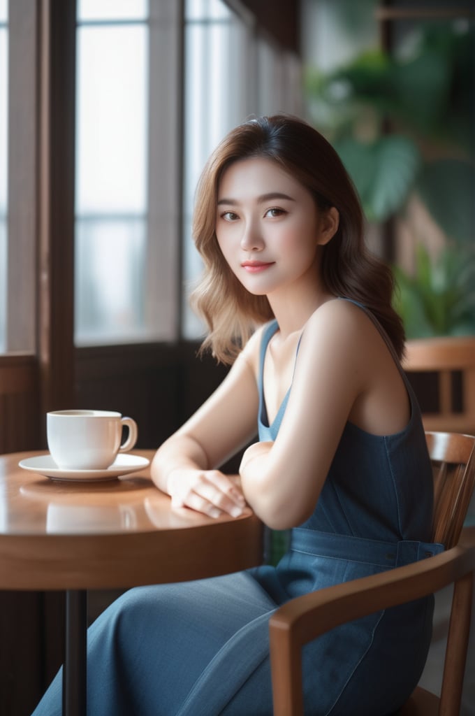 (masterpiece,best quality, ultra realistic,32k,RAW photo,detail skin, 8k uhd, dslr,high quality, film grain:1.2),1girl,looking at viewer,cafe,sitting on a chair,,