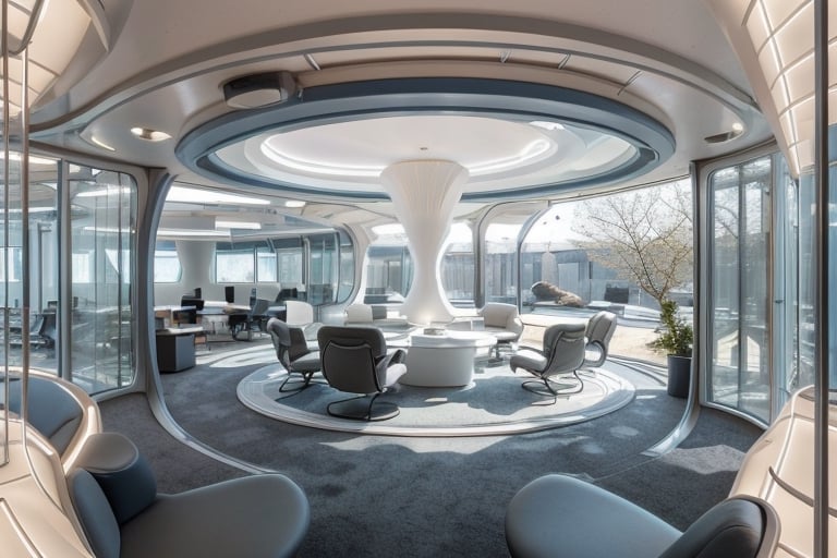 Creating an office interior space, open lounge, friendly atmosphere close to nature, futuristic style, blue tone:0.5, white tone:0.8, oak tones:0.1, curved lamp, surrounding glass walls, overlooking garden,Interior ,neotech,cyberpunk,Indoor Grey,AliceWonderlandWaifu