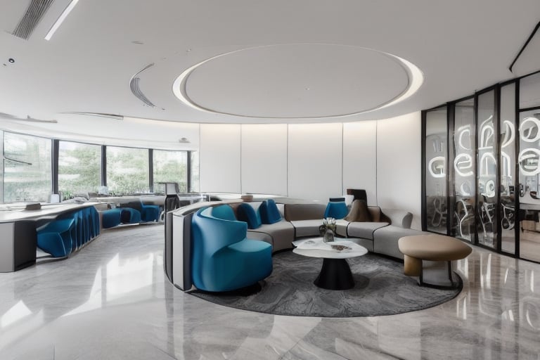 Creating an office interior space, open lounge, friendly atmosphere close to nature, futuristic style, blue tone:0.5, white tone:0.8, oak tones:0.1, curved lamp, surrounding glass walls, overlooking garden,Interior ,neotech,cyberpunk,Indoor Grey,AliceWonderlandWaifu