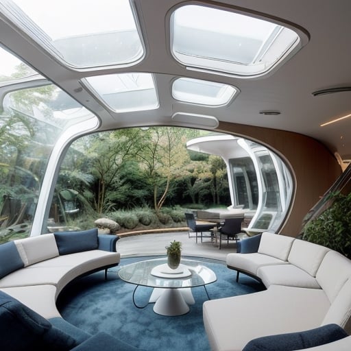 Creating an office interior space, open lounge, friendly atmosphere close to nature, futuristic style, blue tone:0.5, white tone:0.8, oak tones:0.1, curved lamp, surrounding glass walls, overlooking garden,Interior ,neotech,cyberpunk,Indoor Grey,AliceWonderlandWaifu