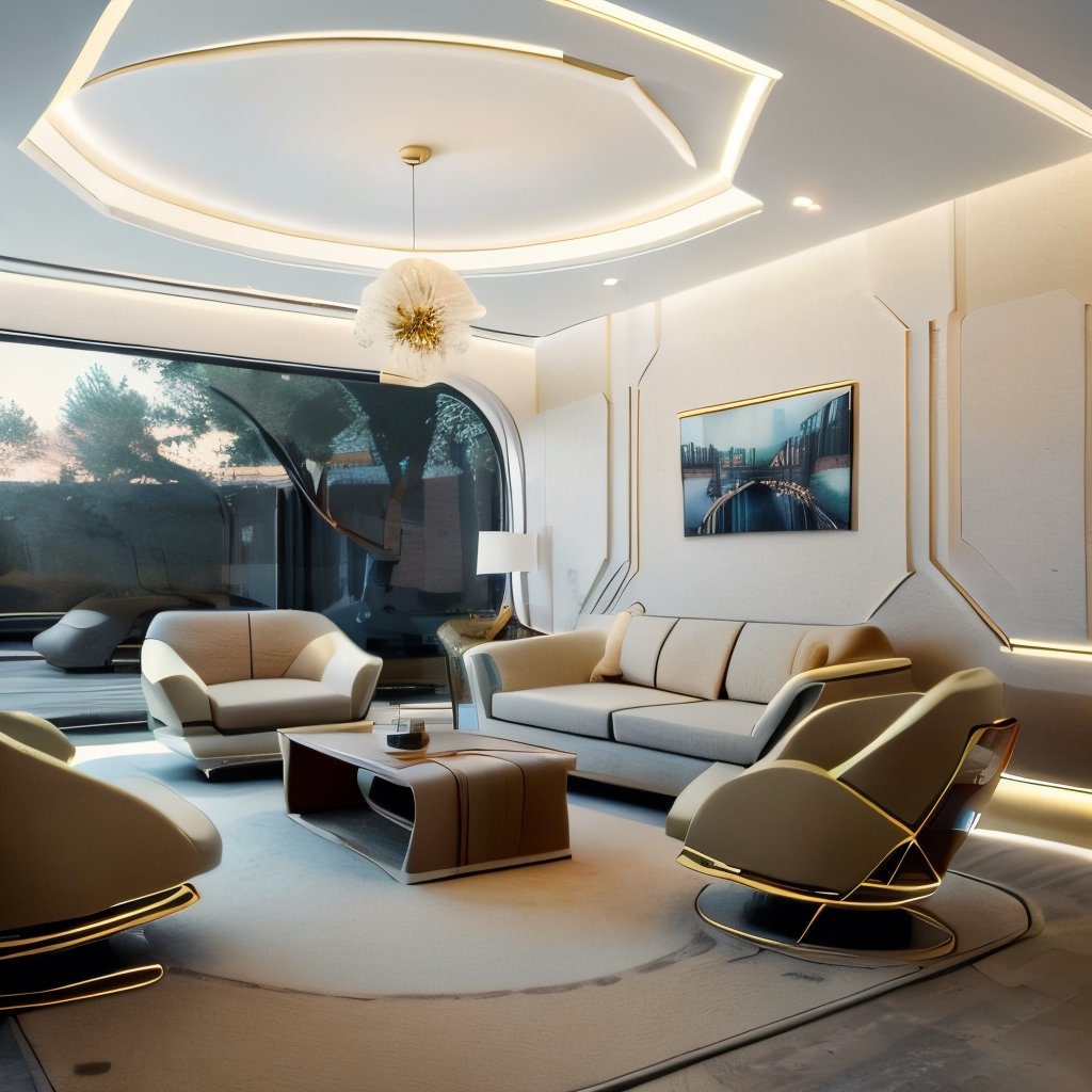 Creating an office interior space, open lounge, friendly atmosphere close to nature, futuristic style, blue tone:0.5, white tone:0.8, oak tones:0.1, curved lamp, surrounding glass walls, overlooking garden,Interior ,neotech,cyberpunk,Indoor Grey,AliceWonderlandWaifu 
4k upscale ,luxtech,bchiron