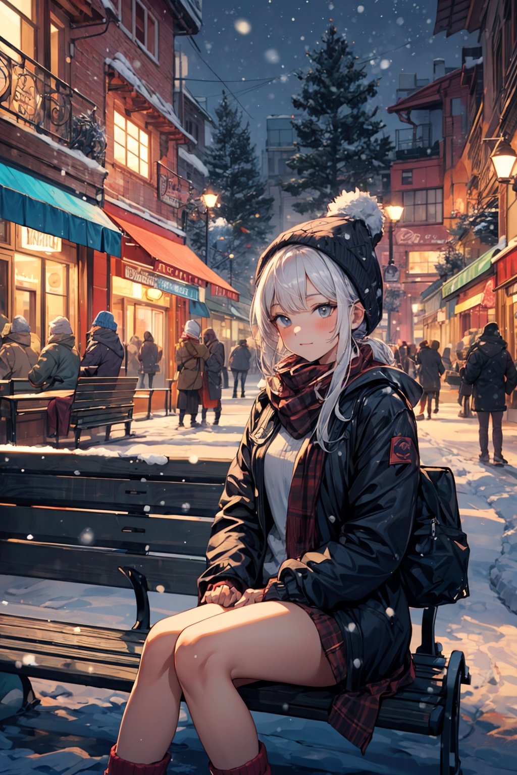 absurdres, highres, ultra detailed,(1girl), BREAK ,(Sitting on bench in park during cold winter night),smoking,(winter park:1.5),people walking by ,(prity smail),close the legs 