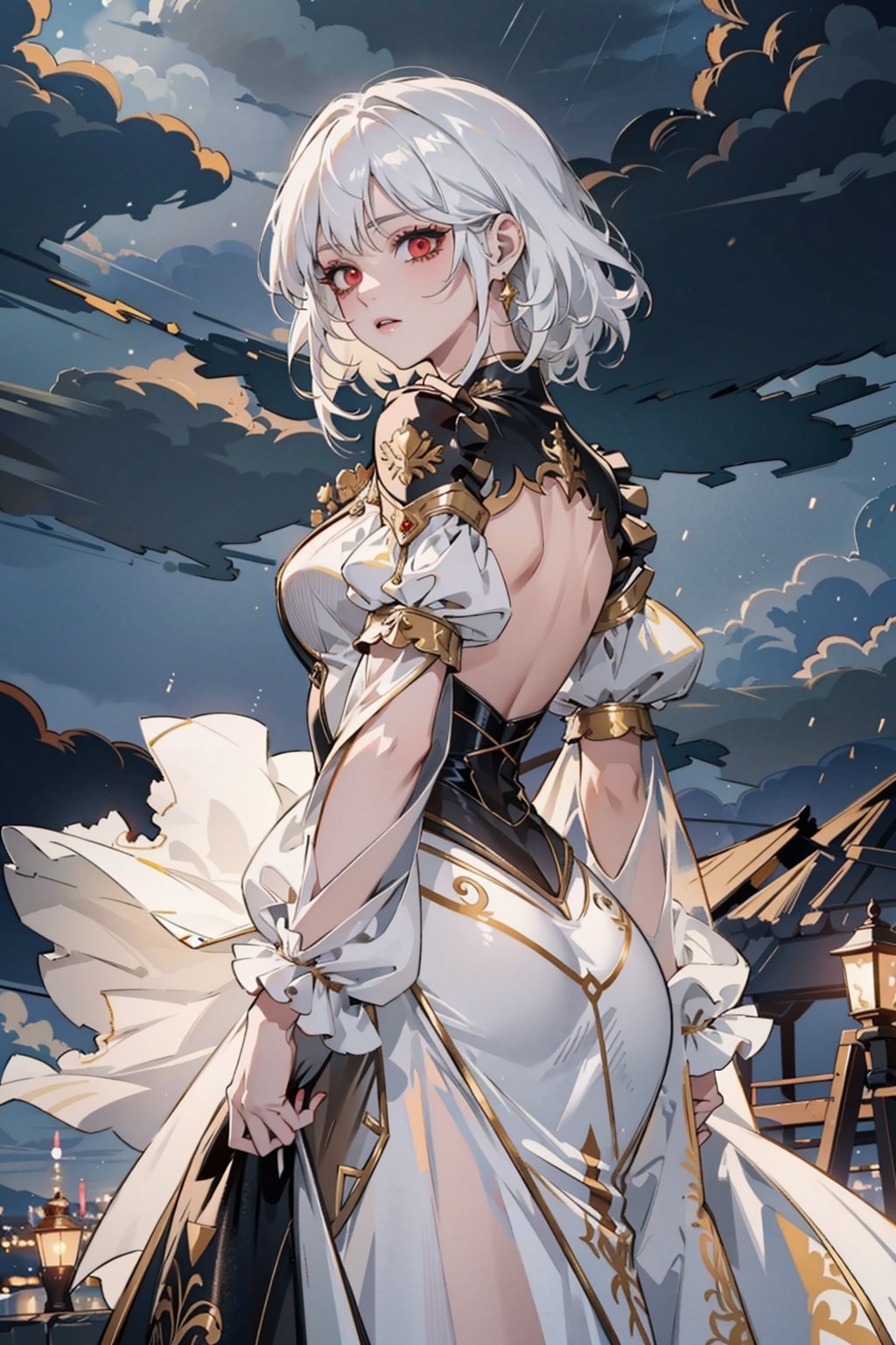 Gorgeous white haired princess with red eyes wearing see through dress with gold details during a stormy cloudy dark night, hard light from behind, she was trying to run and hide from the rain 