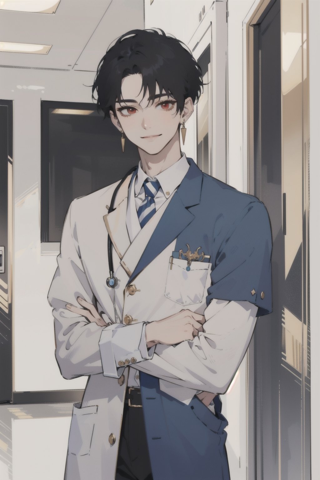 handsome doctor, looking into the camera, hands crossed, smiling, black short hair, red eyes, pale skin, blue clothes with stripes, elegant, golden details, earrings, white background