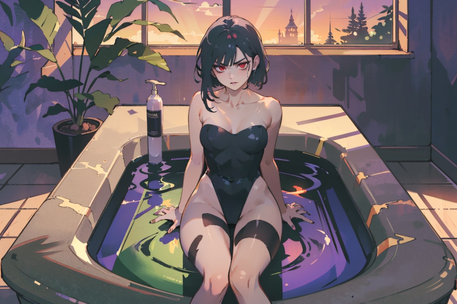 cammy_green_bodysuit_aiwaifu,cammy , solo girl, red eyes, black shiny hair, cat hair, (thick body), (big chest), sexy, seductive, angry expression, wearing strapless cow print swimsuit and sitting in a private bathtub with view on sunset, bring red light iluminating her, (((dark shadows)))