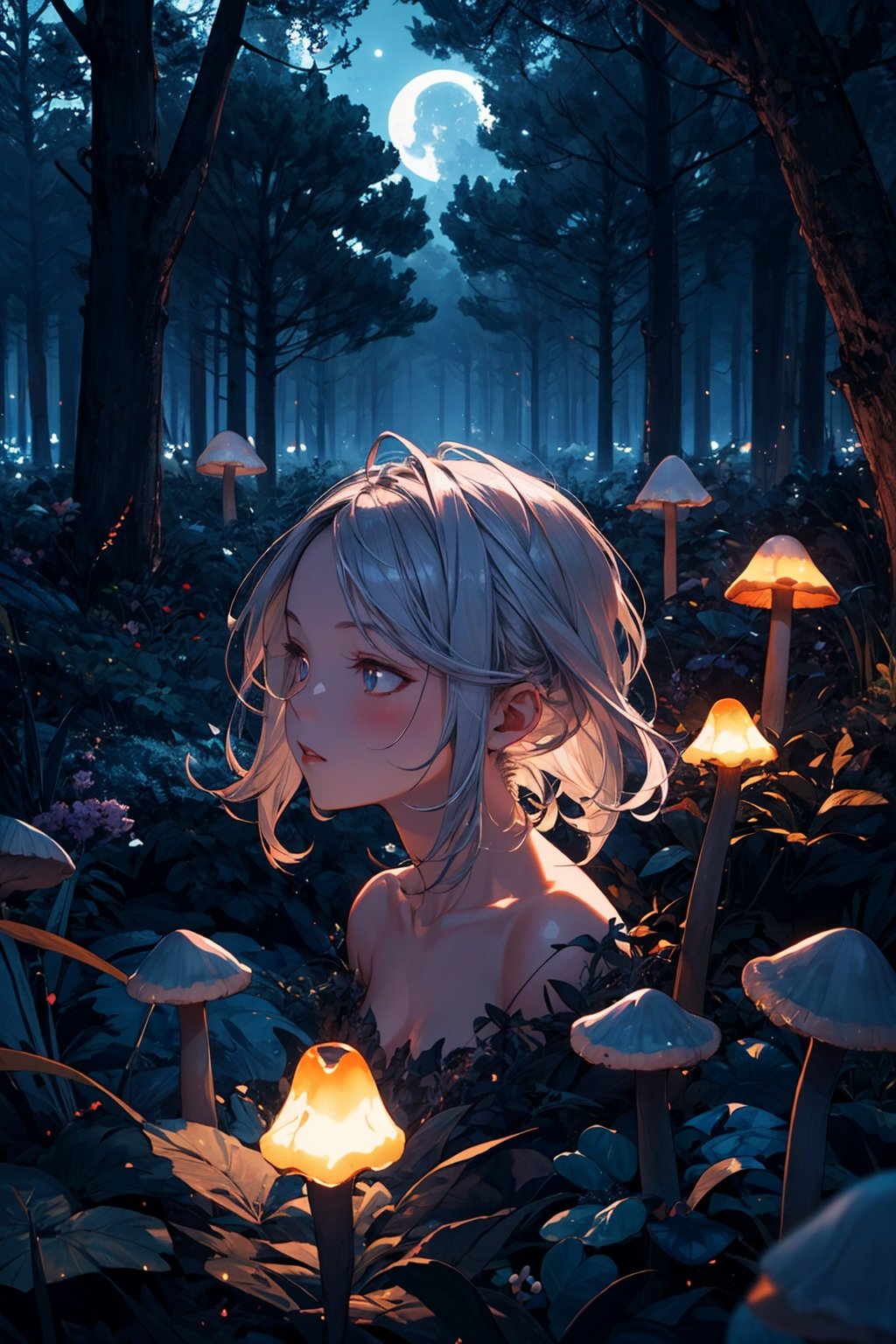 masterpiece, gorgeous face, goreous body, 3d, Silver-haired beauty, solitary girl, cool-blue glow, moonlit forest, enchanting mushrooms, tranquil scene.