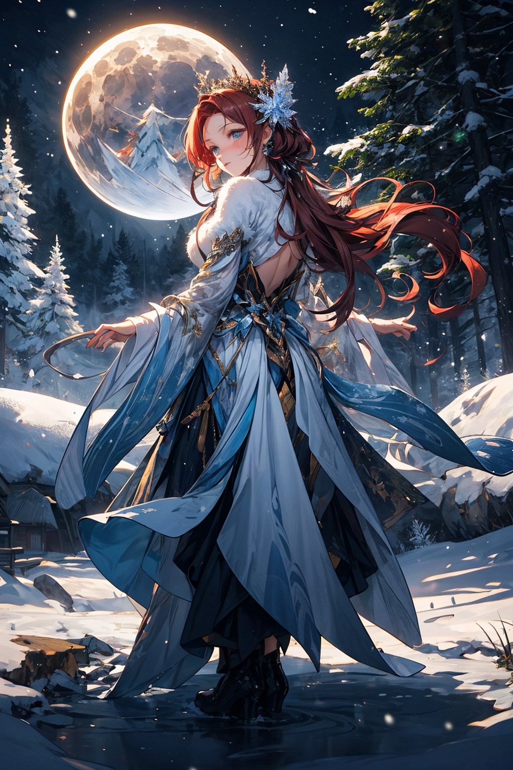 Awe-Inspiring Enchantment: Within a dreamlike 3D rendering, an enchanting woman graces a snow-covered forest during a moonlit winter night. Her beauty transcends reality, her captivating presence almost ethereal. She wears a gown spun from the softest moonlight, its silvery threads shimmering with every step she takes through the pristine snow. Her cerulean eyes reflect the icy landscape around her, and her auburn hair flows like a fiery cascade down her back. She's adorned with intricate ice crystals that adorn her like a queen of the winter realm. Her body, an epitome of grace, stands amidst towering frosted trees and a blanket of untouched snow. Delicate snowflakes dance in the air, surrounding her like a living snow globe. Her actions are as mysterious as the forest itself, an enigmatic figure in a wintery wonderland.