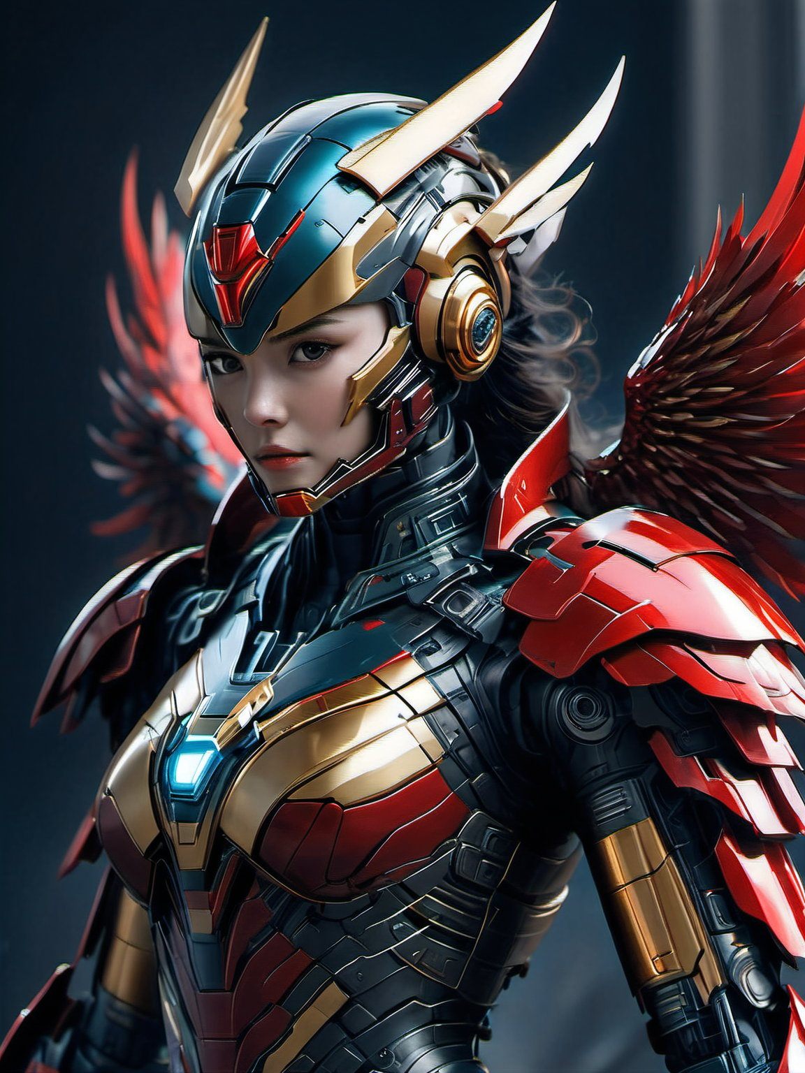 Best Image Quality, Super High Resolution, Masterpiece, Photorealistic, Full Body, 18 years old, 1 girl, Solo, garuda helmet, Girl in Garuda and ironman hybrid costume very nice detail, (Garuda symbol chest), It has red and gold colors,ironman, Bust enormous, Incredible detail, intricate complexity, depth of field, volumetric lighting, sharp focus, absurdity, realistic proportions, delicate anatomy, high detail, delicate, Stunning detail, fine detail, cinematic lighting, smooth and beautiful, face facing forward,mecha,cyborg, ,cyberpunk style,cyborg style,android,robot,cyberpunk, illustration,vector art,Leonardo Style, flying