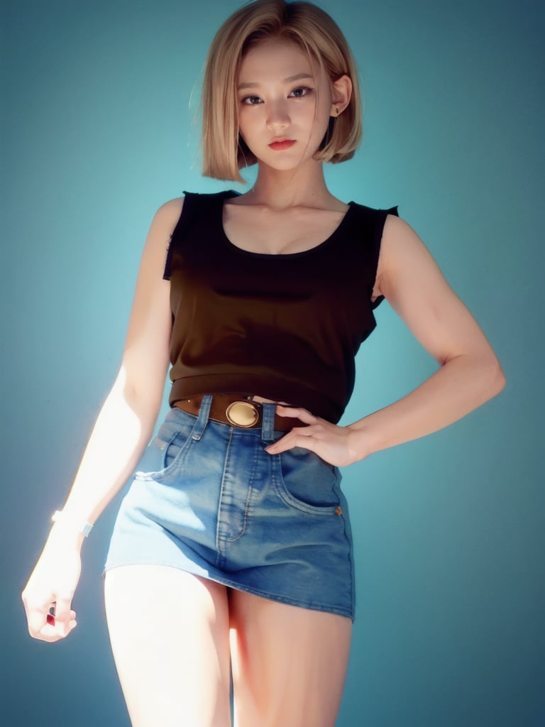 realistic Android_18_DB tanktop skirt, standing, photo realistic, shorthair, blond_hair,n0t