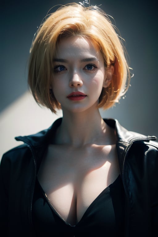 Hyperrealist portrait of broken android 18(dragon ball), photo realistic, bleeding lips, dynamic lighting, blonde hair, artstation, poster, volumetric lighting, detailed face, 4 k, award winning, in the dark, deep shadow, low key,cowboy shot, jacket, medium breast, upper body, sultry_pose, blank background, better lighting, seductive_pose, smile, shorthair, in pain, bleeding