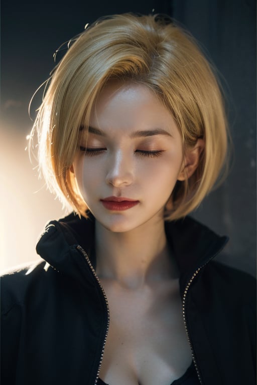 Hyperrealist portrait of broken android 18(dragon ball), photo realistic, pinklips, dynamic lighting, blonde hair, artstation, poster, volumetric lighting, detailed face, 4 k, award winning, in the dark, deep shadow, low key,cowboy shot, jacket, medium breast, upper body, sultry_pose, blank background, better lighting, seductive_pose, smile, shorthair, asleep, eyes_closed,