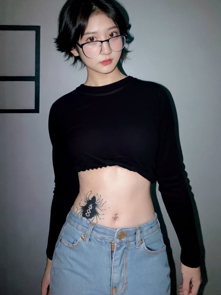 realistic shizuku murasaki, standing, photo realistic, shorthair, black-hair,n0t,shizuku_murasaki denim jeans, cross, glasses, stomach tattoo, n0t face