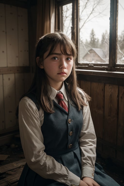 A portrait of a young rusian schoolgirl, (detailed face, sad face, detailed eyes),sitting in abandoned house,burning house, tree line,view form above her:1.9,8k uhd,realistic,photorealistic, highly detailed,high_resolution, cinematic lighting, detailed background,extremely realistic, photo realistic , vintage photo