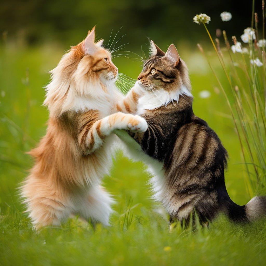 two cats,playing,cat,couple,romance,meadow, maine coon cat, felis catus, 