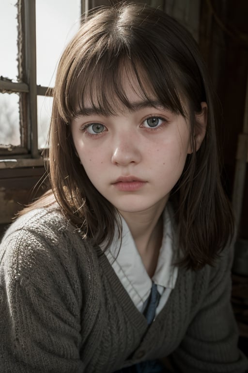 A portrait of a young rusian schoolgirl, (detailed face, sad face, detailed eyes),sitting in abandoned house,burning house, tree line,view form above:1.9,8k uhd,realistic,photorealistic, highly detailed,high_resolution, cinematic lighting, detailed background,extremely realistic, photo realistic , vintage photo