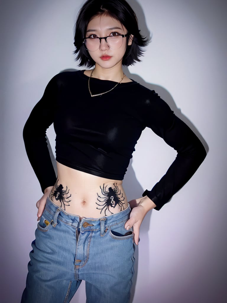 realistic shizuku murasaki, standing, photo realistic, shorthair, black-hair,n0t,shizuku_murasaki denim jeans, cross, glasses, stomach tattoo, n0t face