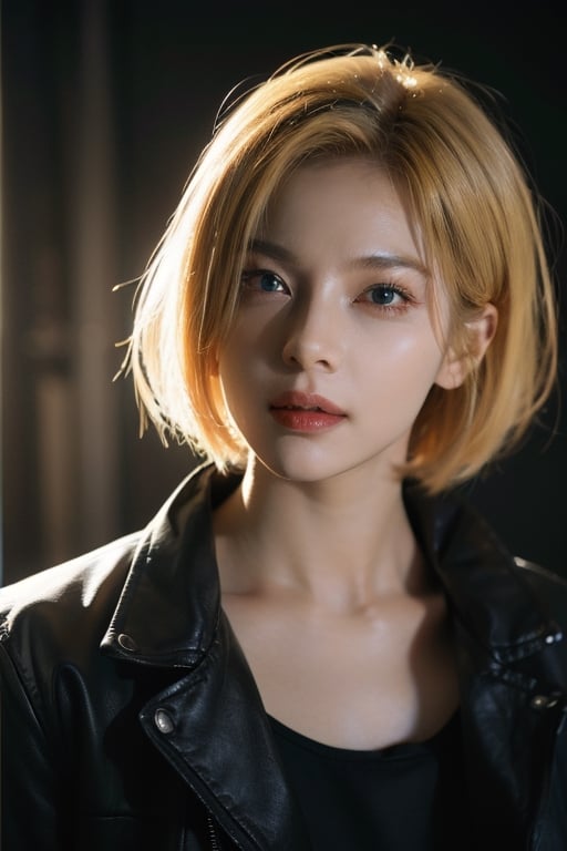 Hyperrealist portrait of broken android 18(dragon ball), photo realistic, bleeding lips, dynamic lighting, blonde hair, artstation, poster, volumetric lighting, detailed face, 4 k, award winning, in the dark, deep shadow, low key,cowboy shot, jacket, medium breast, upper body, sultry_pose, blank background, better lighting, seductive_pose, smile, shorthair, in pain, bleeding