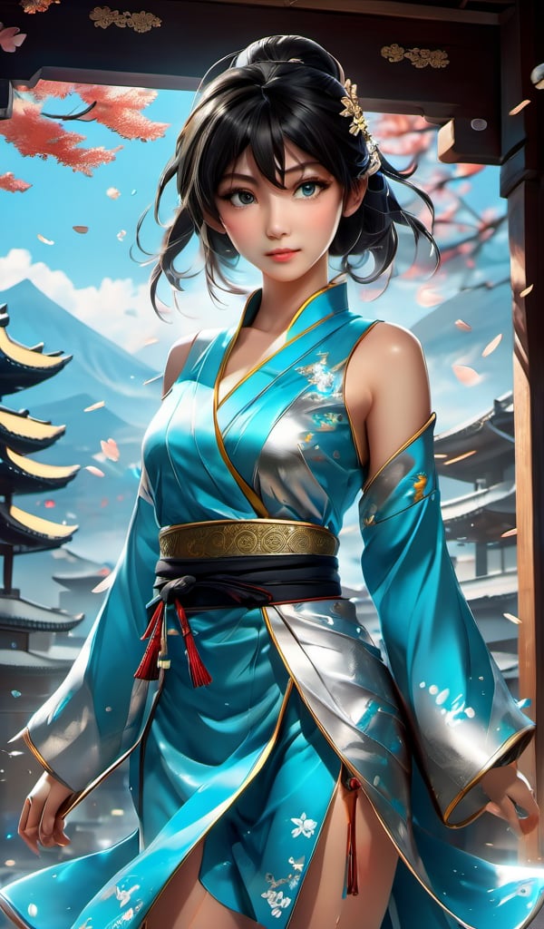 potrait of Japan assassin bringing kunai (masterpiece, best quality, ultra-detailed, best shadow), (detailed background,zen-style), (beautiful detailed face), high contrast, (best illumination, an extremely delicate and beautiful), (cinematic light), colorful, hyper detail, dramatic light, intricate details,1girl,(((black hair))),((blue eyes)),smile,((printed black-cheongsam)),silver-wrist cuffs,silver-greaves, (fighting_stance),dynamic 
 angle,full body,aqua-drips-splatter, (swirling-glass-around-the character), depth of field, golden-light-particles,(broken crystal-shards),multi-color eyes, hyper detailed, highly detailed, beautiful, small details, ultra detailed, best quality, 4k,8k,xxmix_girl,3d style,LinkGirl