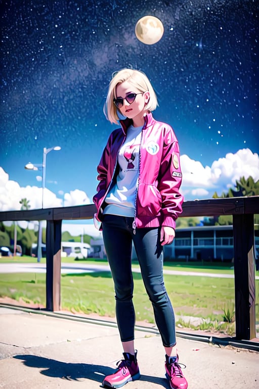 dragon ball (cosplay) android 18, casual, jacket, full_body, lunamoon (style) fly