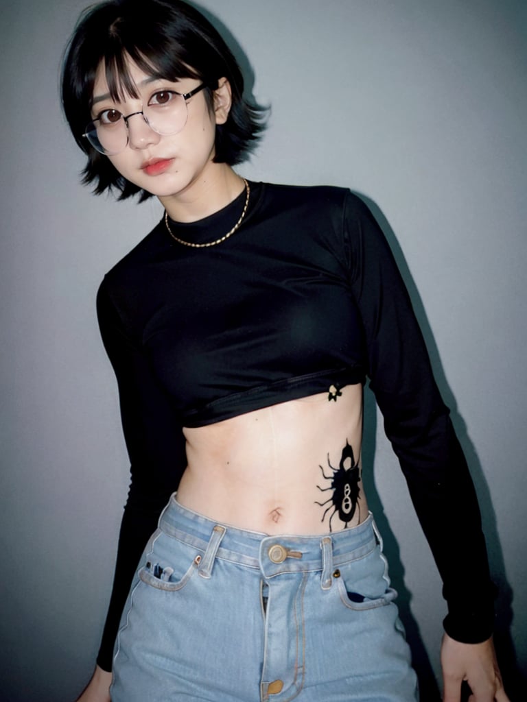 realistic shizuku murasaki, standing, photo realistic, shorthair, black-hair,rounded bob hair,n0t,shizuku_murasaki denim jeans, cross, glasses, stomach tattoo, n0t face