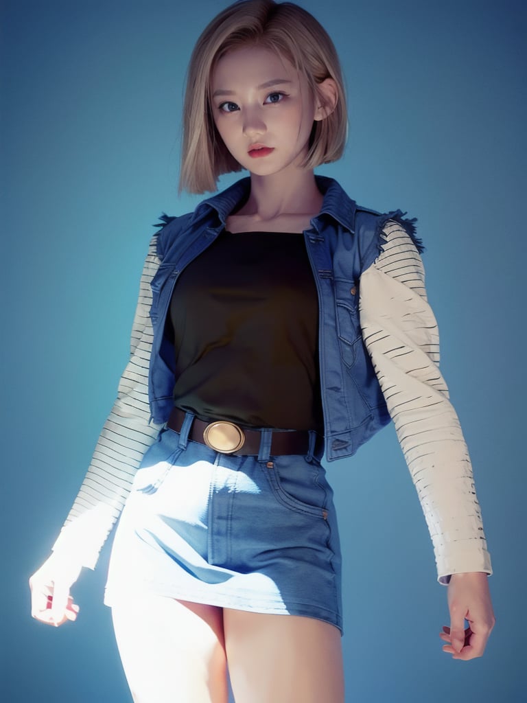 realistic Android_18_DB only wear jacket and skirt, standing, photo realistic, shorthair, blond_hair,n0t