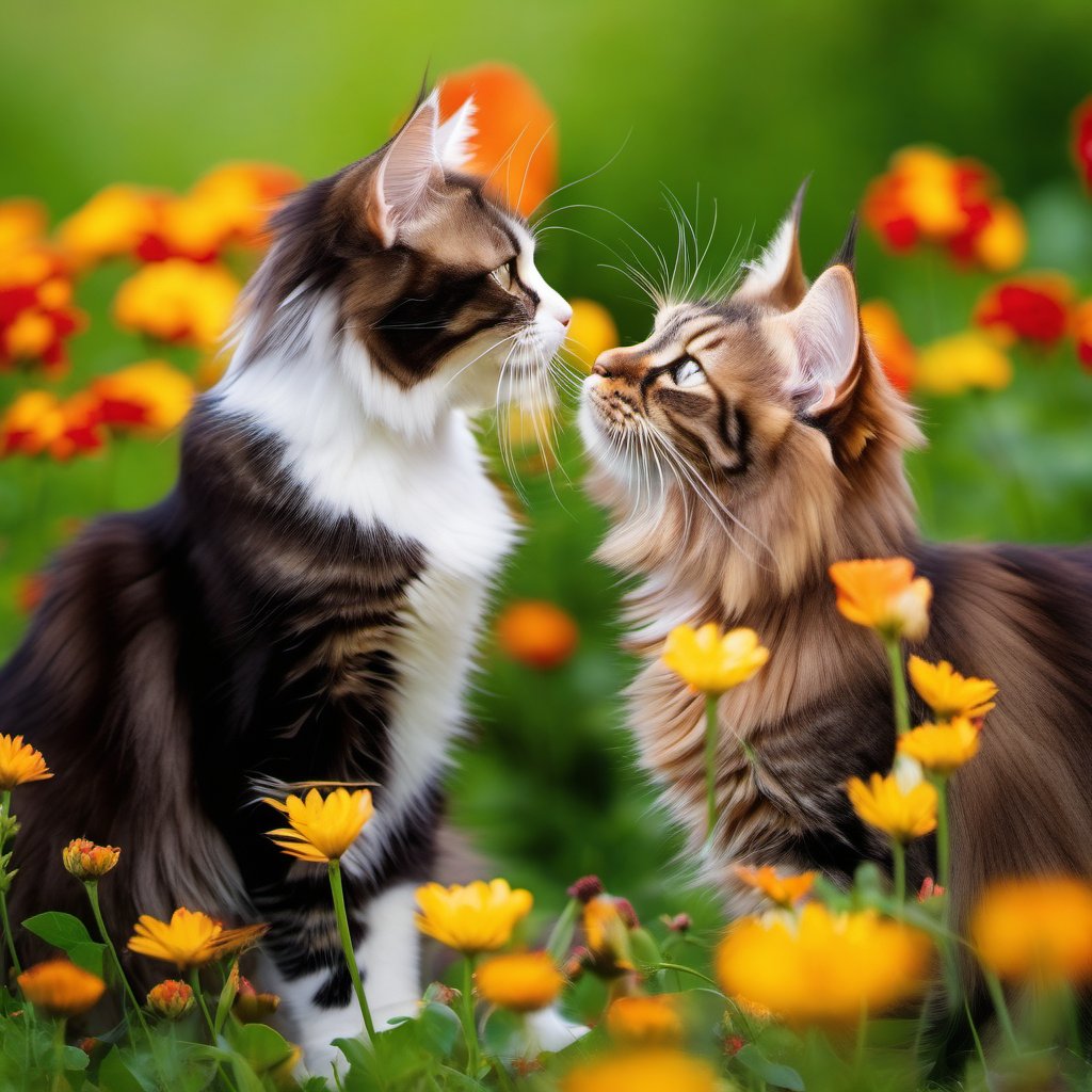 two cats,playing,cat,couple,romance,flowers, maine coon cat, felis catus