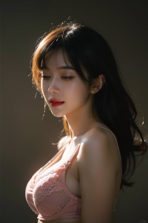 Hyperrealist portrait of female, photo realistic, pink lips, dynamic lighting, black hair, artstation, poster, volumetric lighting, detailed face, 4 k, award winning,, 1girl, in the dark, deep shadow, low key,cowboy shot, wearing bra, medium breast, upper body, sultry_pose, blank background, better lighting, seductive_pose,haruka, smile, eyes_closed, longhair