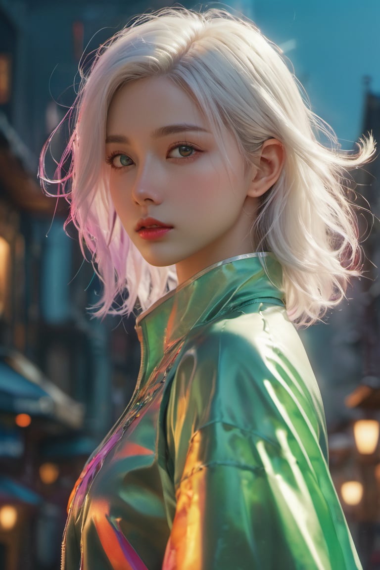 Solo, anime girl, full body, young adult body, medium chest, european face,
Detailed medium straight white hair, white fox ears, beautiful, Detailed eyes, green eyes, Side view, torso shot from waist, Thick lineart, Anxious, Hyperdetailed natural light, detailed reflection light, 
volumetric lighting maximalist photo illustration 64k, resolution high res intricately detailed complex, 
key visual, precise lineart, vibrant, panoramic, cinematic, masterfully crafted, 64k resolution, beautiful, stunning, ultra detailed, expressive, hypermaximalist, colorful, rich deep color, vintage show promotional poster, glamour, anime art, fantasy art, brush strokes,, 16k, UHD, HDR,(Masterpiece:1.5), Absurdres, (best quality:1.5), Anime style photo, Manga style, Digital art, glow effects, Hand drawn, render,octane render, cinema 4d, blender, dark, atmospheric 4k ultra detailed, cinematic sensual, Sharp focus, hyperrealistic, big depth of field, Masterpiece, colors, 3d octane render, concept art, trending on artstation, hyperrealistic, Vivid colors, modelshoot style, (extremely detailed CG unity 8k wallpaper), professional majestic oil painting by Ed Blinkey, Atey Ghailan, Studio Ghibli, by Jeremy Mann, Greg Manchess, Antonio Moro, trending on ArtStation, trending on CGSociety, Intricate, High Detail, Sharp focus, dramatic, photorealistic painting art