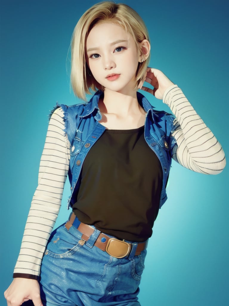 realistic Android_18_DB, standing, photo realistic, shorthair, blond_hair,n0t