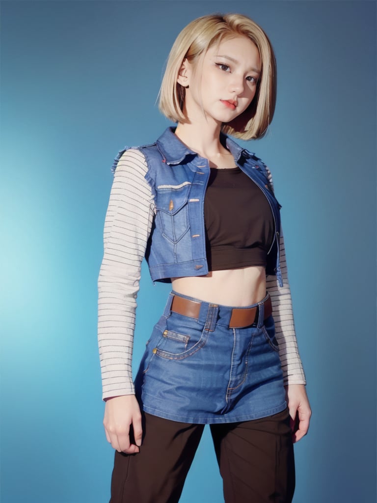 realistic Android_18_DB, standing, photo realistic, shorthair, blond_hair,n0t