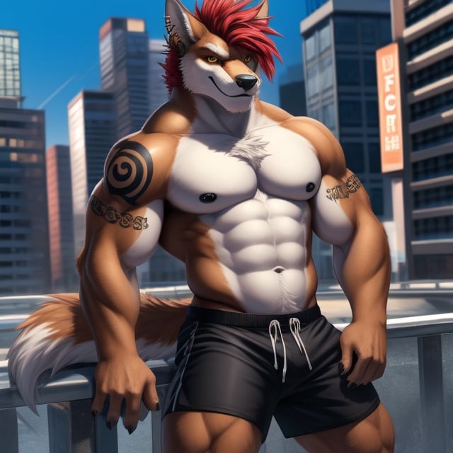 Best quality, masterpiece, a male hiena, drak brown fur and white chest, huge fur in all of his body, red hair, short hair, yellow eyes, spiky hair, tattoos, black boxers, upper body, ear piercings, buff, city background, black nipples, multiple black dots in his chest, doing a sexy pose,furry
