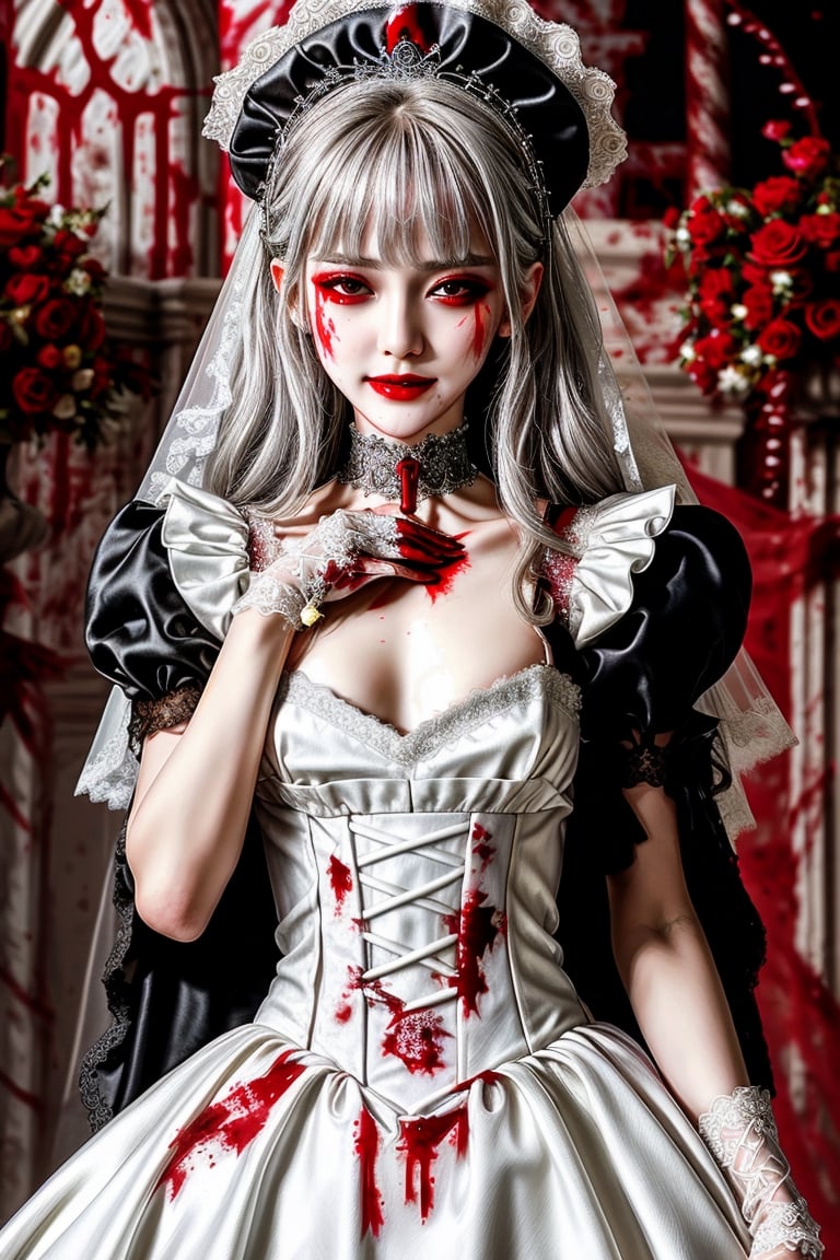 Masterpiece, best quality, finely detailed beautiful eyes and detailed beautiful face, fine detailed clothing, (skinny:1.3), (petite), messy silver (hair), porcelain (skin), flower ornament, gothic lolita, lace choker, 1girl, Korean, skimpy, skintight, (blood stain:1.3) clothing, white (bridal gown), bridal glove, evil grin, blood (tears), full body shot, roman style background