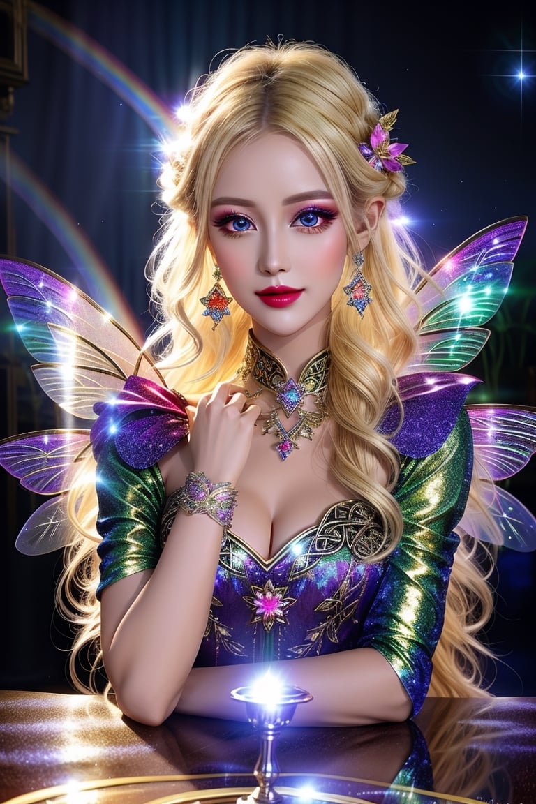 masterpiece, best quality, (finely detailed beautiful eyes and detailed beautiful face), perfect (skinny:1.3) bimbo body, straight blonde (hair), lipstick, make-up, accessories, glow dust, rainbow glow fairy wings, Celtic folklore, mischievous Pixie, red silk, long dress, high slit, relaxing on the table, midnight, nighttime, cinematic lighting, glitter, Detailedface, shiny